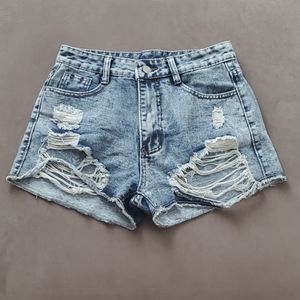 Distressed, high waisted denim jean shorts